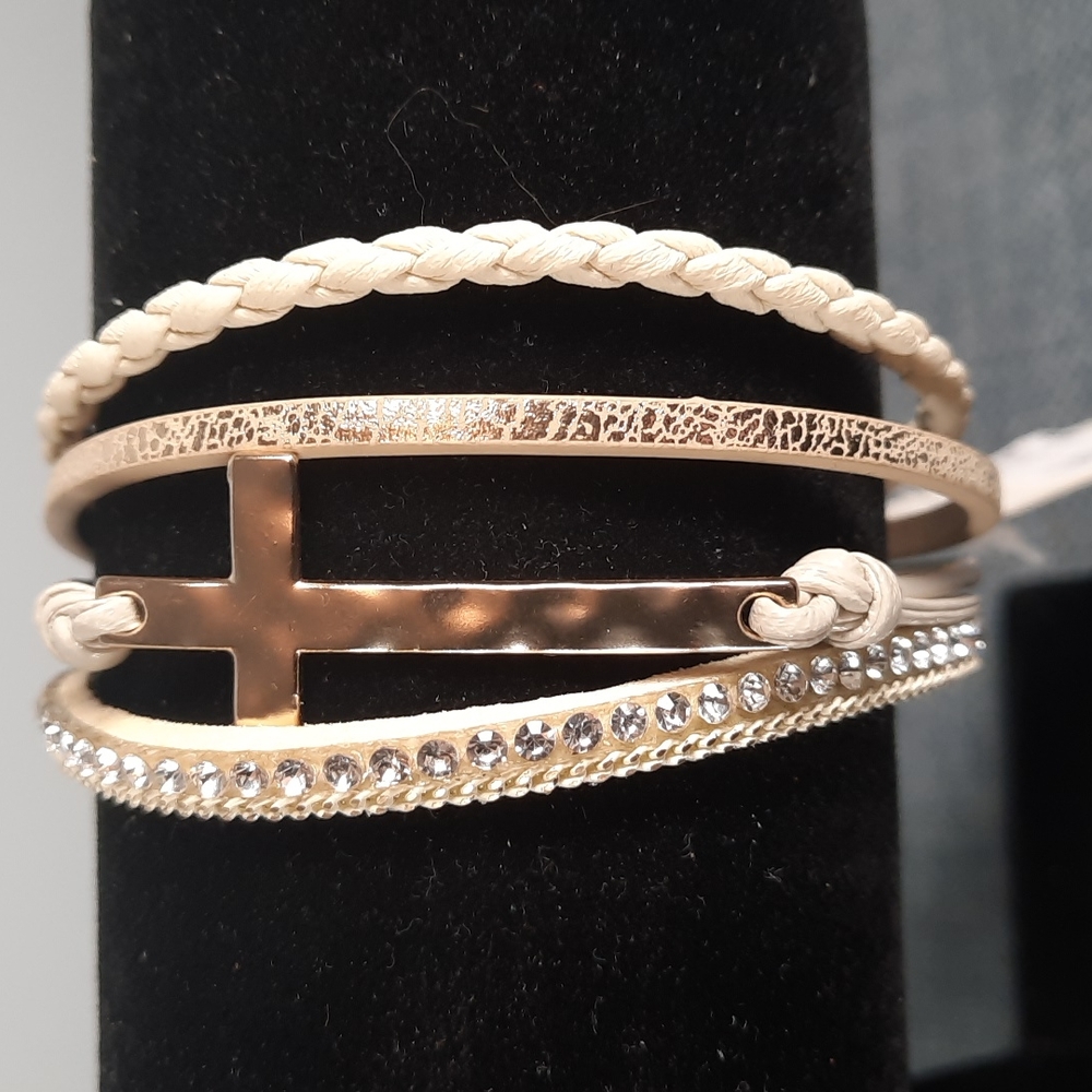 Cream Leather Gold Cross Religious Rhinestone Magnetic Closure Bracelet